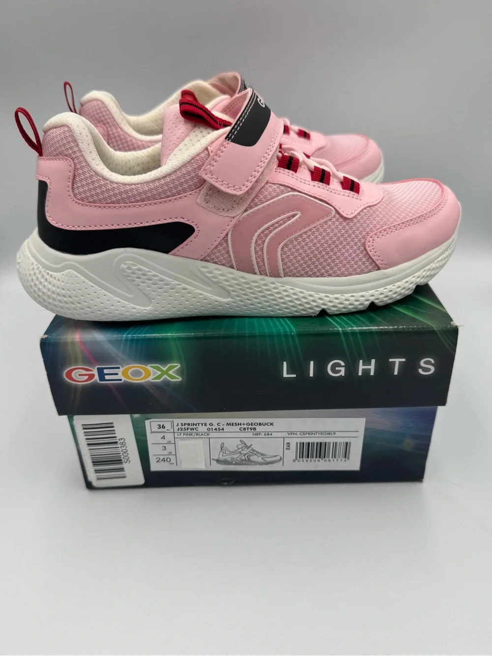 Geox J Sprintye Girl Sneakers Girls 4 US Pink Black NIB J25FWC *no light-up*